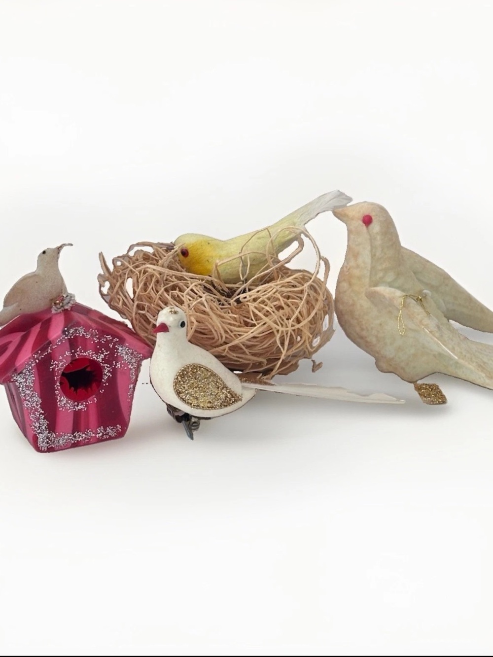 BUNDLE OF 4 FLOCKED BIRD ORNAMENTS JAPAN